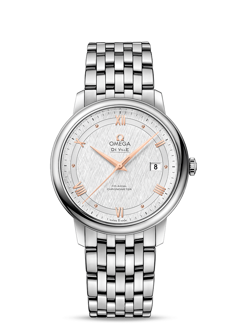 Omega 424.10.40.20.02.004 : De Ville Prestige Co-Axial 39.5 Stainless Steel / Vintage Silver Silk / Bracelet