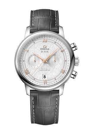 Omega 424.13.41.50.02.001 : De Ville Prestige Co-Axial 41 Chronograph Stainless Steel / Vintage Silver Silk / Alligator