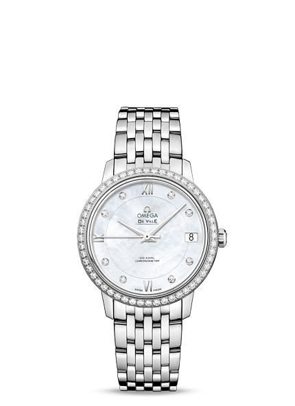 Omega 424.15.33.20.55.001 : De Ville Prestige Co-Axial 32.7 Stainless Steel / Diamond / MOP / Bracelet