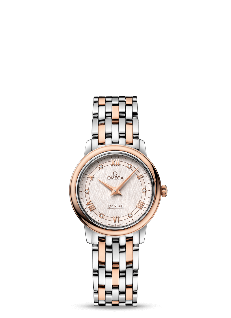 Omega 424.20.27.60.52.003 : De Ville Prestige Quartz 27.4 Stainless Steel / Red Gold / Vintage Silver Silk / Bracelet