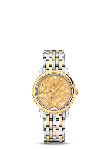 Omega 424.20.27.60.58.002 : De Ville Prestige Quartz 27.4 Stainless Steel / Yellow Gold / Champagne Butterfly / Bracelet