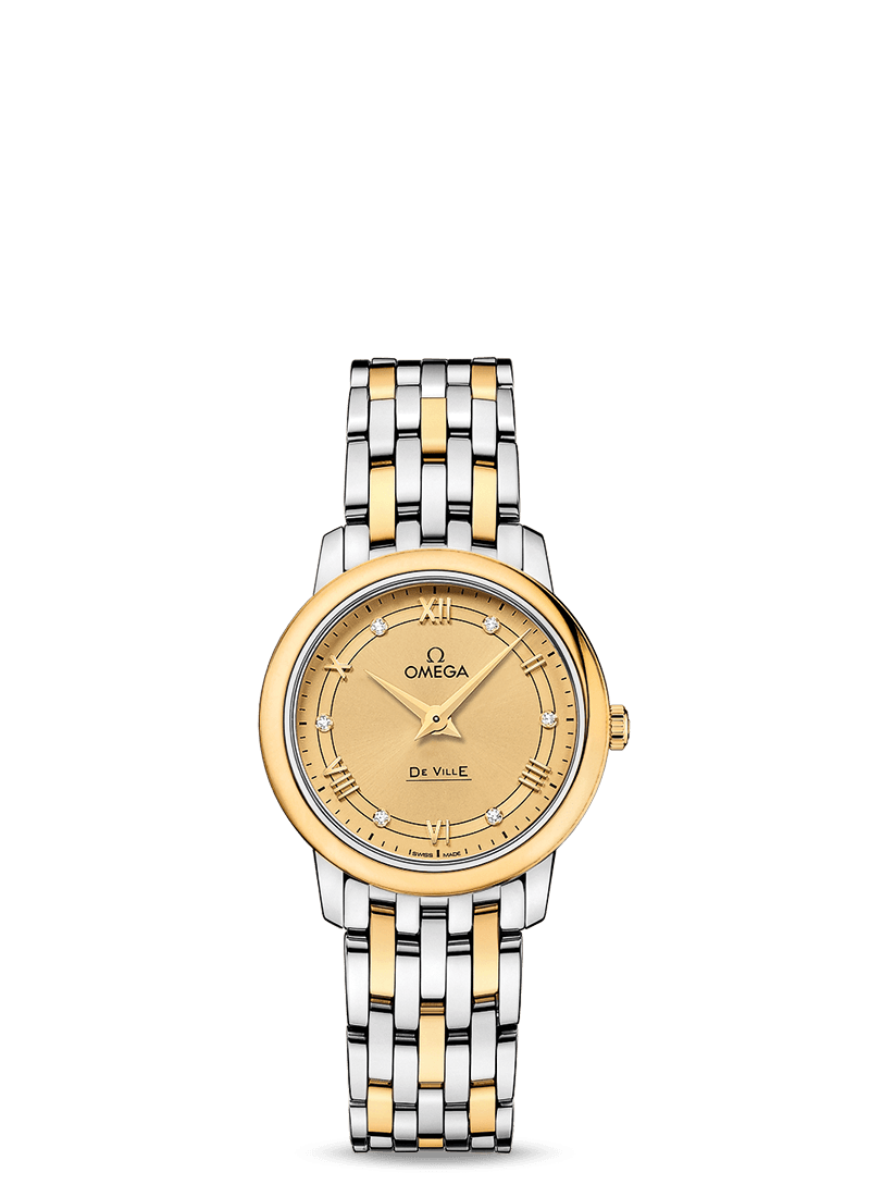 Omega 424.20.27.60.58.003 : De Ville Prestige Quartz  27.4 Stainless Steel / Yellow Gold / Vintage Champagne / Bracelet