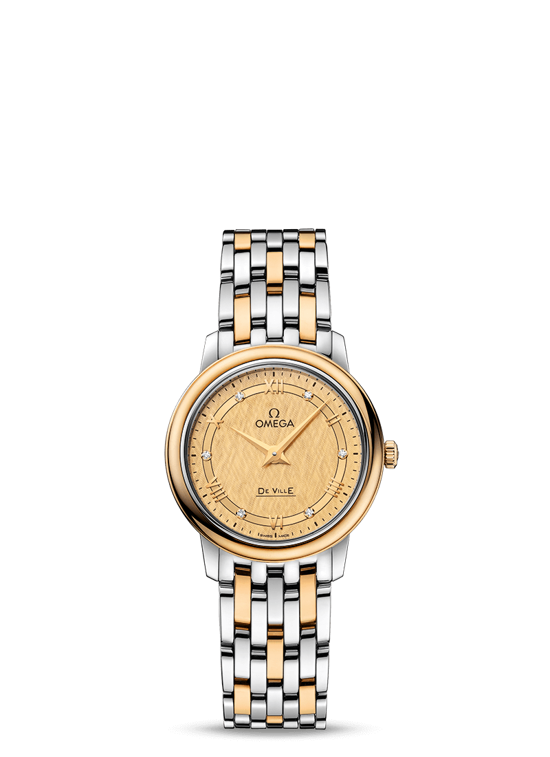 Omega 424.20.27.60.58.004 : De Ville Prestige Quartz  27.4 Stainless Steel / Yellow Gold / Vintage Champagne Silk / Bracelet