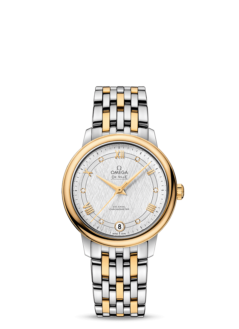 Omega 424.20.33.20.52.001 : De Ville Prestige Co-Axial 32.7 Stainless Steel / Yellow Gold / Vintage Silver Silk / Bracelet