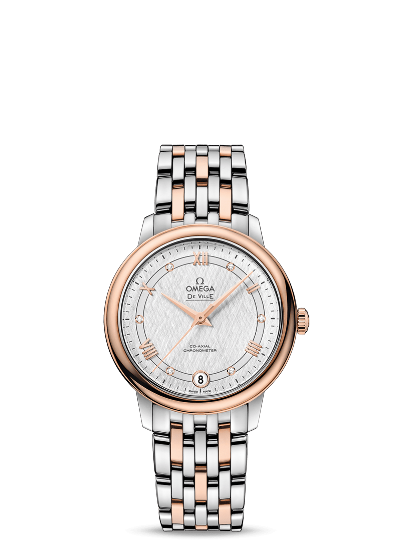 Omega 424.20.33.20.52.002 : De Ville Prestige Co-Axial 32.7 Stainless Steel / Red Gold / Vintage Silk Silver / Bracelet