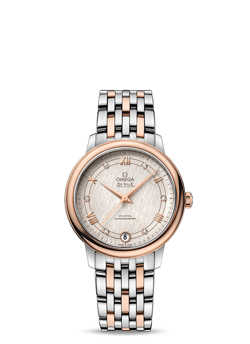 Omega 424.20.33.20.52.003 : De Ville Prestige Co-Axial 32.7 Stainless Steel / Red Gold / Vintage Silver Silk / Bracelet