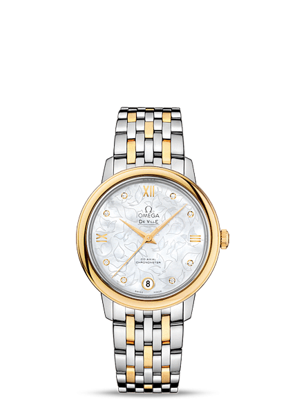 Omega 424.20.33.20.55.002 : De Ville Prestige Co-Axial 32.7 Stainless Steel / Yellow Gold / MOP Butterfly / Bracelet