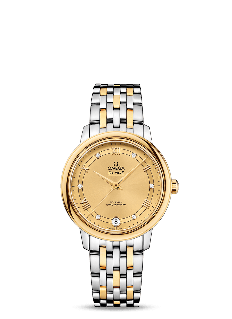 Omega 424.20.33.20.58.002 : De Ville Prestige Co-Axial 32.7 Stainless Steel / Yellow Gold / Vintage Champagne / Bracelet