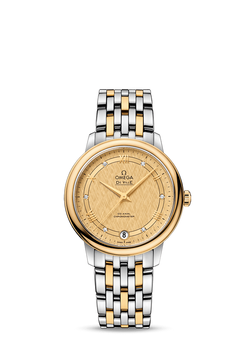 Omega 424.20.33.20.58.003 : De Ville Prestige Co-Axial 32.7 Stainless Steel / Yellow Gold / Vintage Champagne Silk / Bracelet