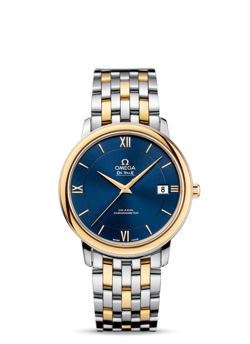 Omega 424.20.37.20.03.001 : De Ville Prestige Co-Axial 36.8 Stainless Steel / Yellow Gold / Blue / Bracelet