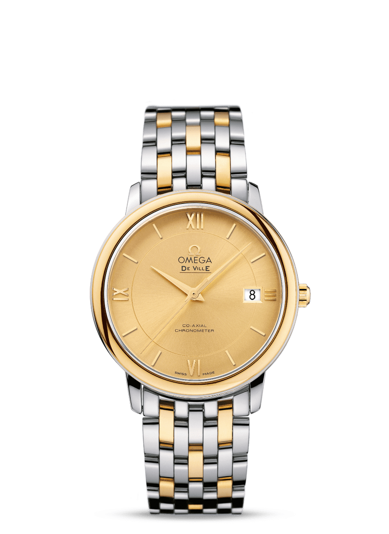 Omega 424.20.37.20.08.001 : De Ville Prestige Co-Axial 36.8 Stainless Steel / Yellow Gold / Champagne / Bracelet