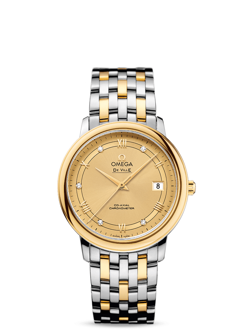 Omega 424.20.37.20.58.002 : De Ville Prestige Co-Axial 36.8 Stainless Steel / Yellow Gold / Vintage Champagne / Bracelet