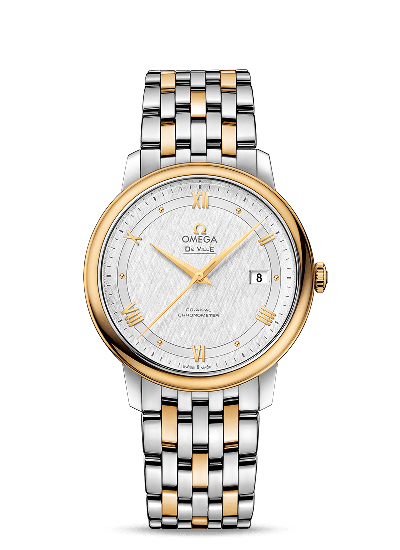 Omega 424.20.40.20.02.001 : De Ville Prestige Co-Axial 39.5 Stainless Steel / Yellow Gold / Vintage Silk Silver / Bracelet
