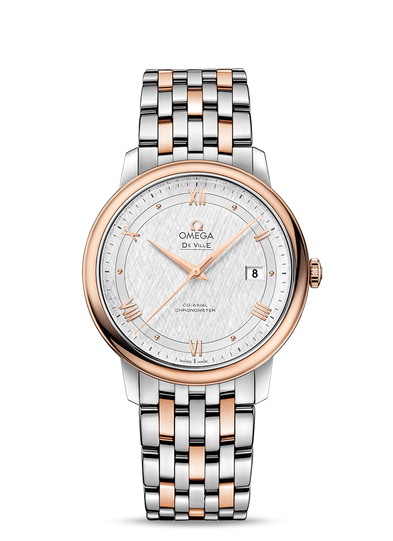 Omega 424.20.40.20.02.002 : De Ville Prestige Co-Axial 39.5 Stainless Steel / Red Gold / Vintage Silk Silver / Bracelet