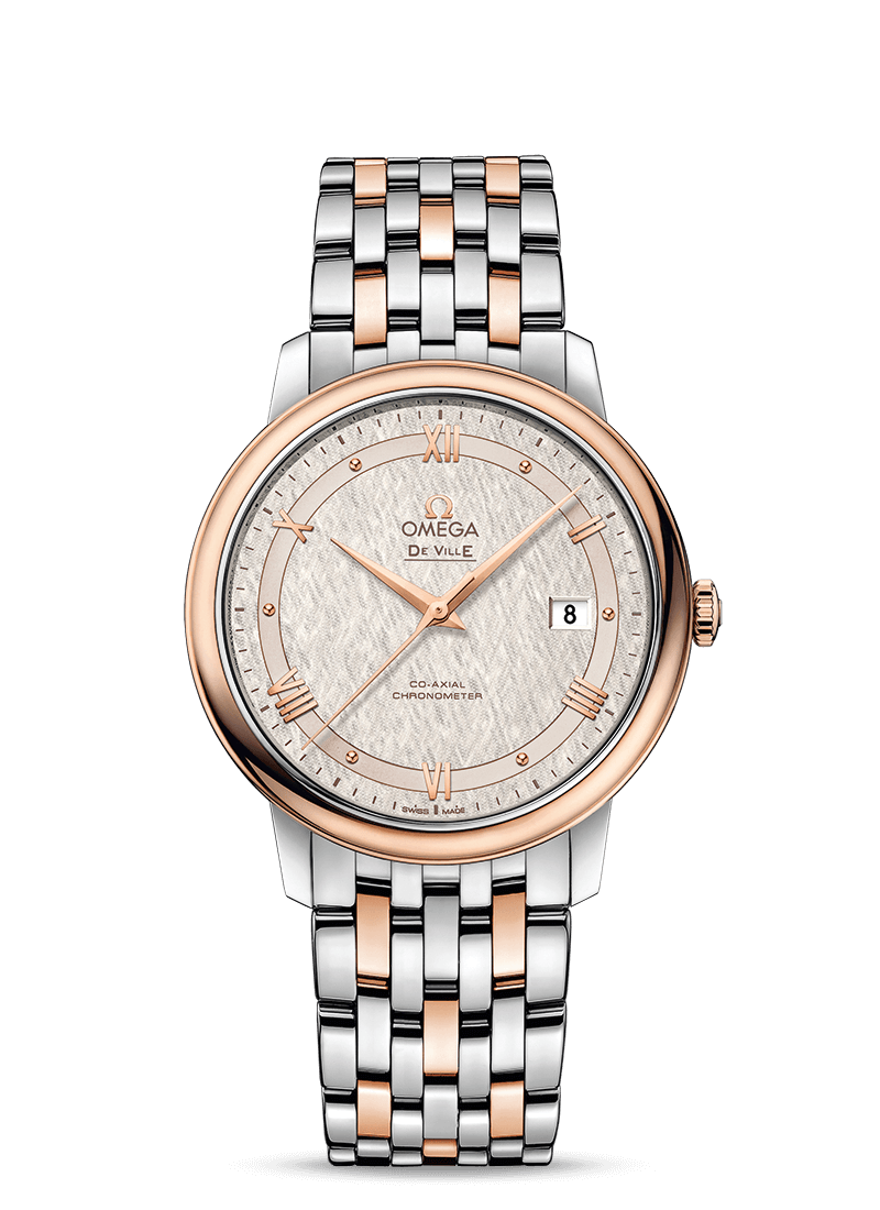 Omega 424.20.40.20.02.003 : De Ville Prestige Co-Axial 39.5 Stainless Steel / Red Gold / Vintage Silver Silk / Bracelet