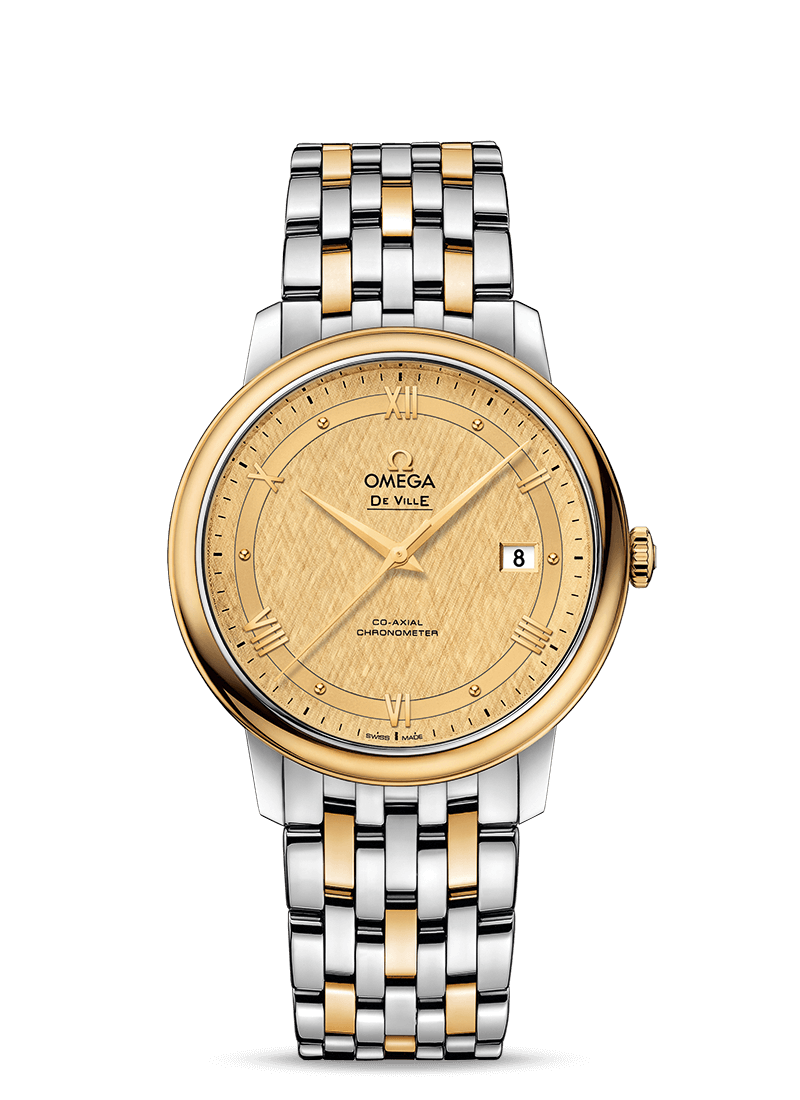 Omega 424.20.40.20.08.001 : De Ville Prestige Co-Axial 39.5 Stainless Steel / Yellow Gold / Vintage Champagne Silk / Bracelet