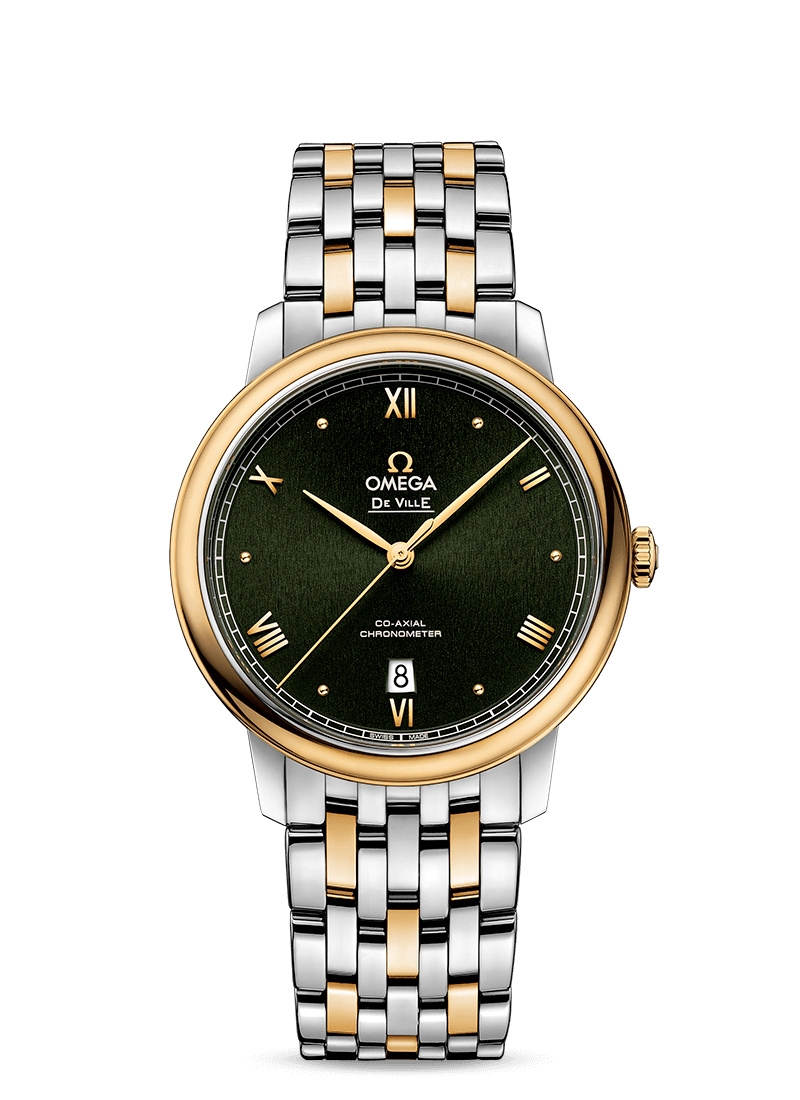 Omega 424.20.40.20.10.001 : De Ville Prestige Co-Axial 39.5 Stainless Steel / Yellow Gold / Green Sunburst / Bracelet