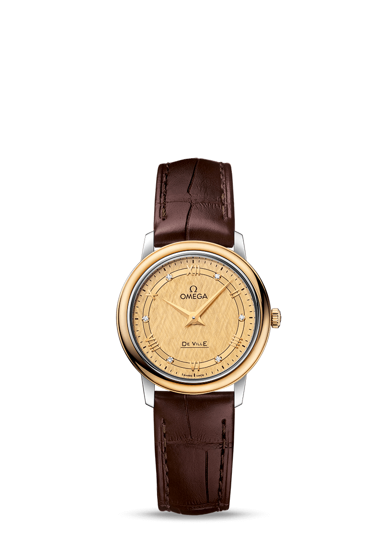 Omega 424.23.27.60.58.001 : De Ville Prestige Quartz  27.4 Stainless Steel / Yellow Gold / Vintage Champagne Silk