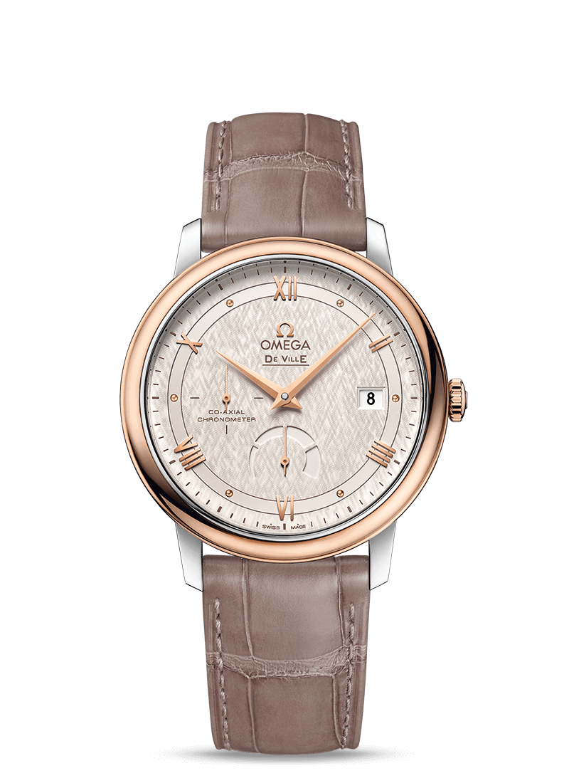Omega 424.23.40.21.02.001 : De Ville Prestige Co-Axial 39.5 Power Reserve Stainless Steel / Red Gold / Vintage Silver Silk