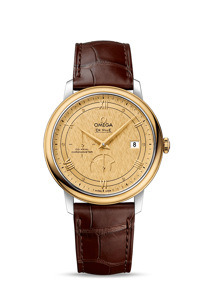 Omega 424.23.40.21.08.001 : De Ville Prestige Co-Axial 39.5 Power Reserve Stainless Steel / Yellow Gold / Vintage Champagne Silk