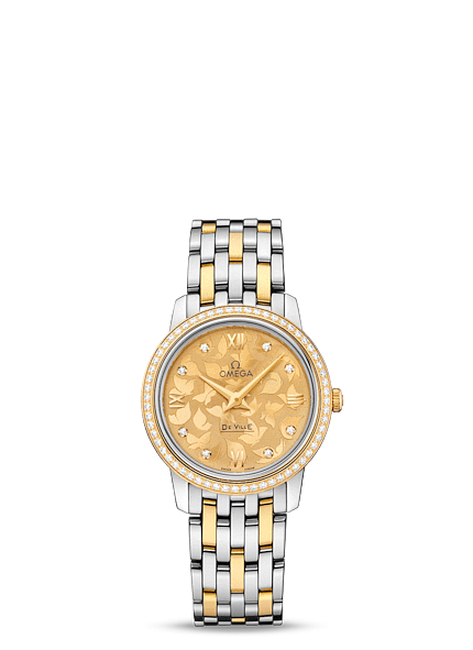 Omega 424.25.27.60.58.002 : De Ville Prestige Quartz 27.4 Stainless Steel / Yellow Gold / Champagne Butterfly / Bracelet / Diamond