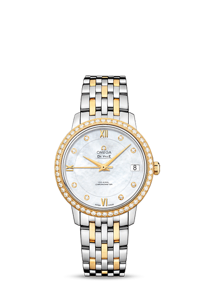 Omega 424.25.33.20.55.001 : De Ville Prestige Co-Axial 32.7 Stainless Steel / Yellow Gold / Diamond / MOP / Bracelet