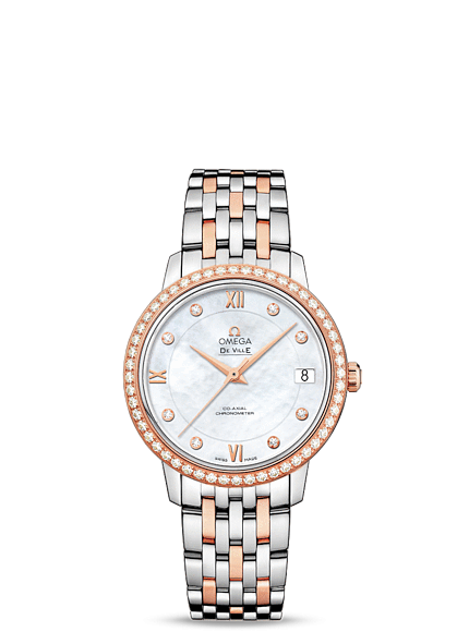 Omega 424.25.33.20.55.002 : De Ville Prestige Co-Axial 32.7 Stainless Steel / Red Gold / Diamond / MOP / Bracelet