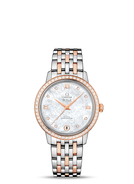 Omega 424.25.33.20.55.003 : De Ville Prestige Co-Axial 32.7 Stainless Steel / Red Gold / MOP Butterfly / Diamond / Bracelet
