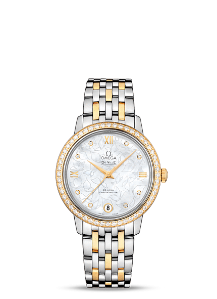 Omega 424.25.33.20.55.004 : De Ville Prestige Co-Axial 32.7 Stainless Steel / Yellow Gold / MOP Butterfly / Diamond / Bracelet