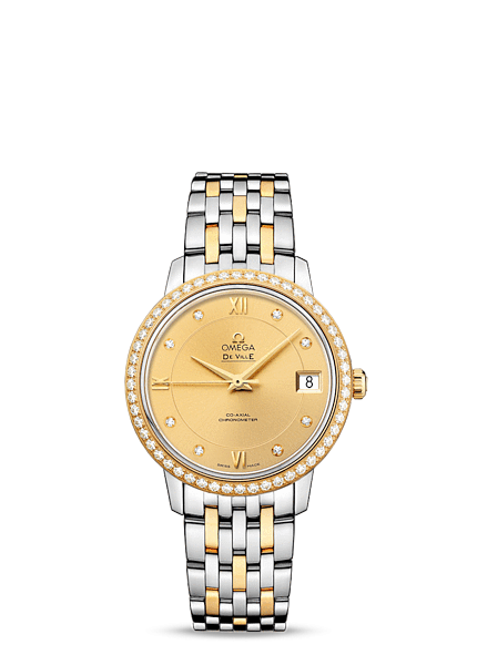 Omega 424.25.33.20.58.001 : De Ville Prestige Co-Axial 32.7 Stainless Steel / Yellow Gold / Diamond / Champagne / Bracelet