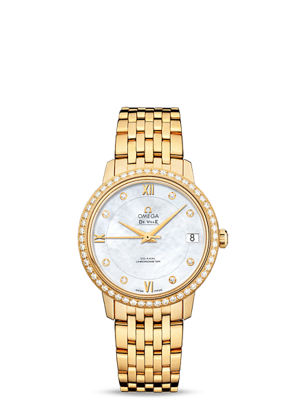 Omega 424.55.33.20.55.001 : De Ville Prestige Co-Axial 32.7 Yellow Gold Diamond / MOP / Bracelet