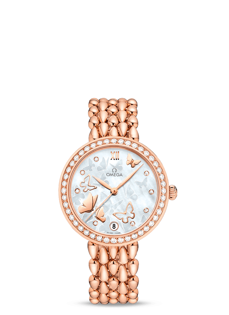 Omega 424.55.33.20.55.006 : De Ville Prestige Dewdrop Co-Axial 32.7 Red Gold / MOP  Butterfly / Diamond / Bracelet