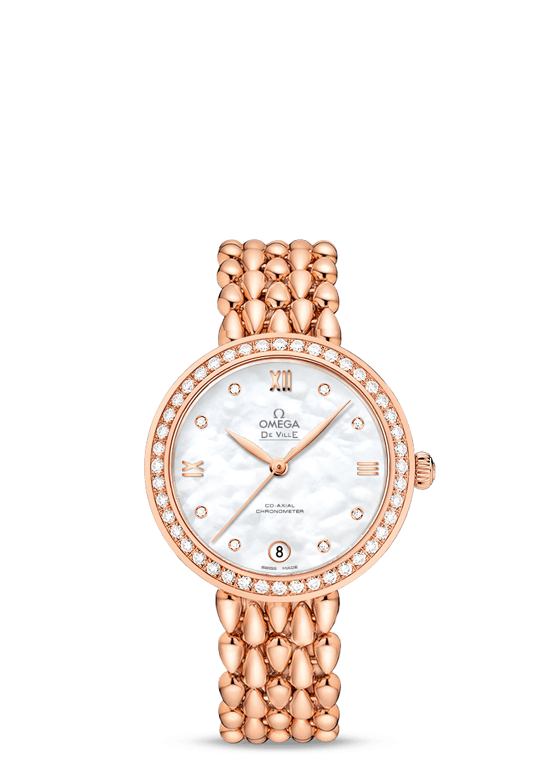 Omega 424.55.33.20.55.007 : De Ville Prestige Dewdrop Co-Axial 32.7 Red Gold / MOP / Diamond / Bracelet