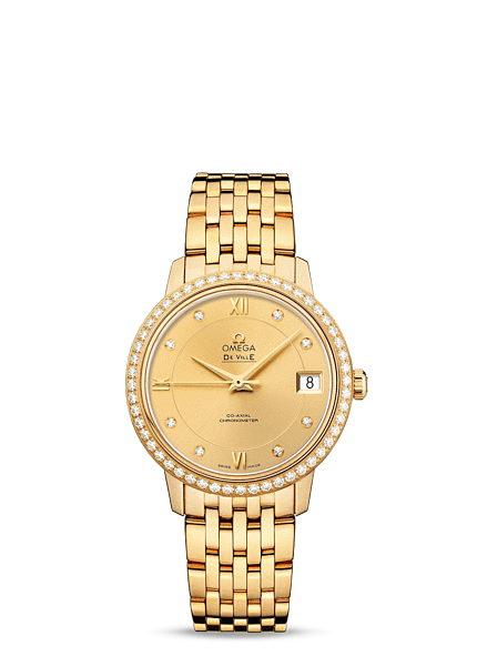 Omega 424.55.33.20.58.001 : De Ville Prestige Co-Axial 32.7 Yellow Gold / Diamond / Champagne / Bracelet