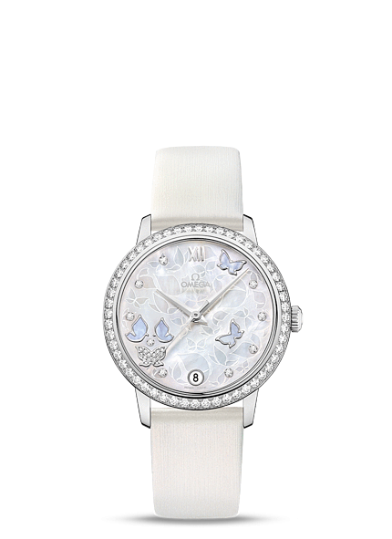 Omega 424.57.33.20.55.001 : De Ville Prestige Co-Axial 32.7 White Gold / MOP Butterfly / Diamond