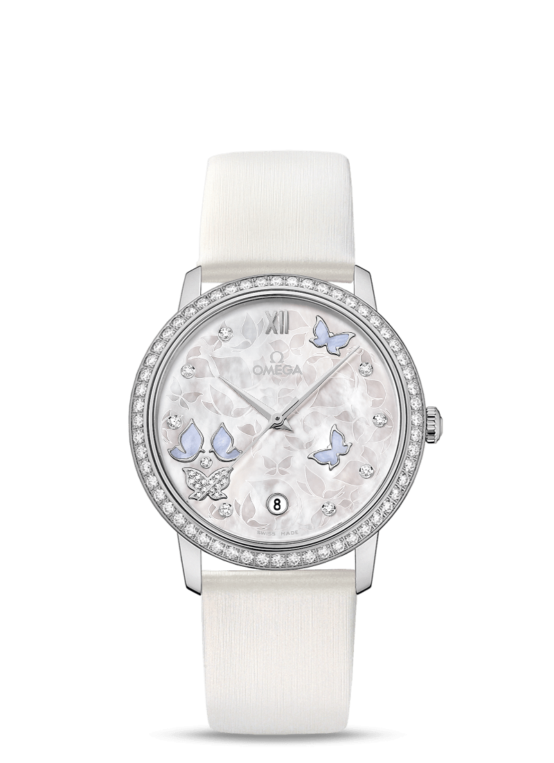Omega 424.57.37.20.55.002 : De Ville Prestige Co-Axial 36.8 White Gold / MOP Butterfly / Diamond