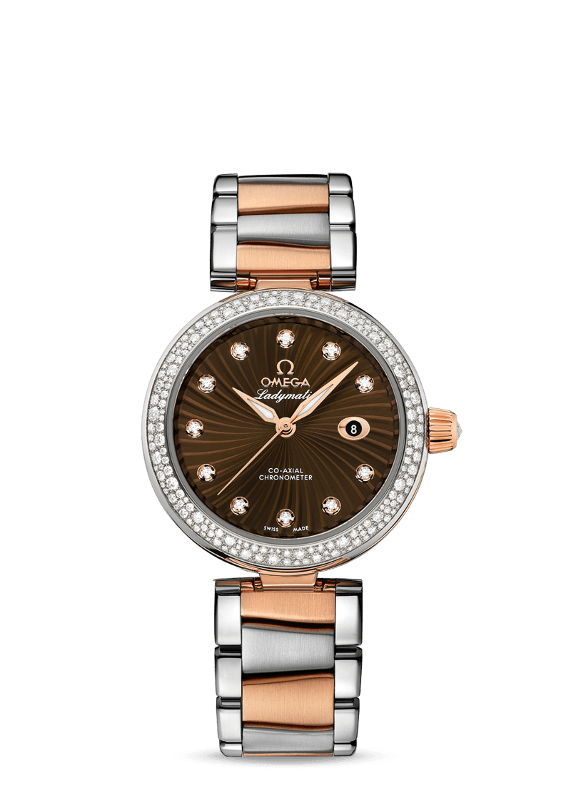 Omega 425.25.34.20.63.001 : LadyMatic Co-Axial 34 Stainless Steel / Red Gold / Diamond / Brown / Bracelet