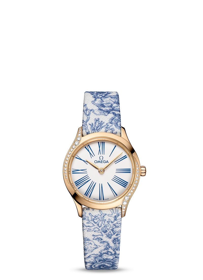 Omega 428.57.26.60.04.001 : Mini Trésor Quartz 26 Moonshine Gold - Diamond / White - Blue / Toile de Jouy
