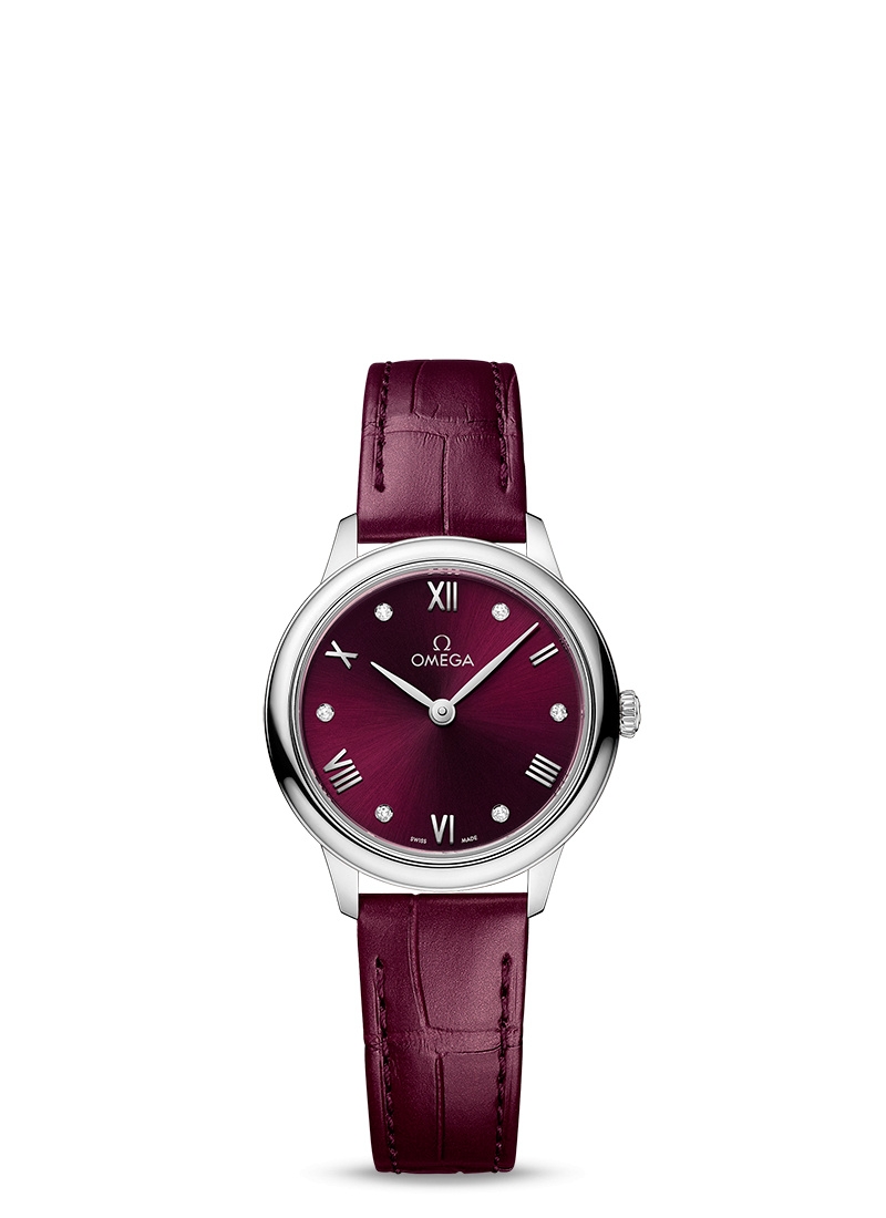 Omega 434.13.28.60.61.001 : De Ville Quartz 27.5 Stainless Steel / Burgundy - Diamond