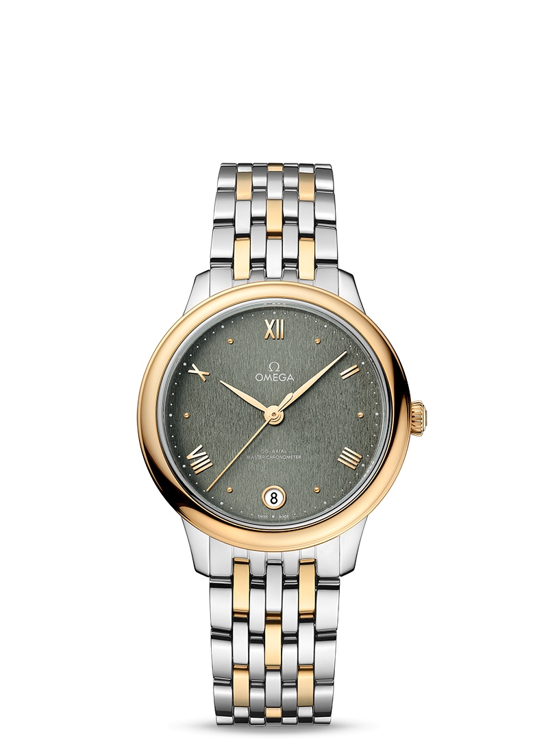 Omega 434.20.34.20.10.001 : De Ville Master Chronometer 34 Stainless Steel - Yellow Gold / Green / Bracelet