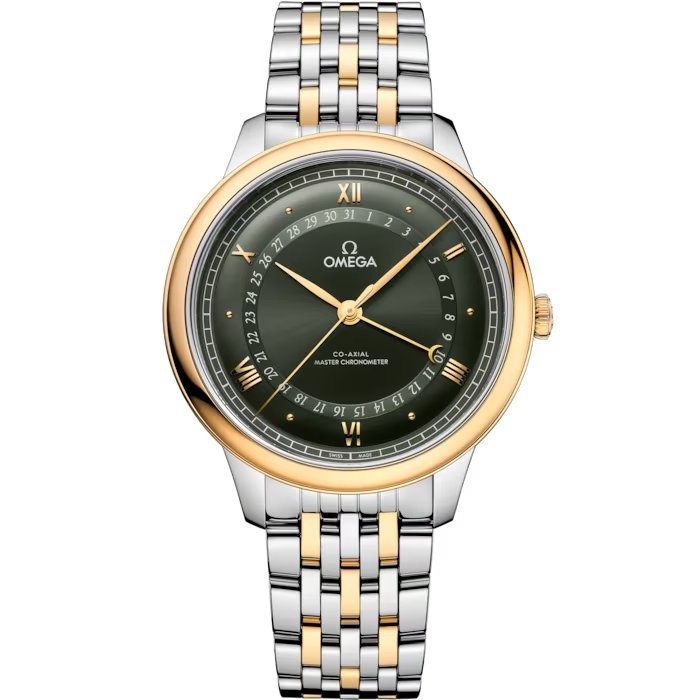 Omega 434.20.42.22.10.001 : De Ville Prestige Co-Axial Master Chronometer Pointer Date 42 Stainless Steel / Yellow Gold / Green Sunburst / Bracelet