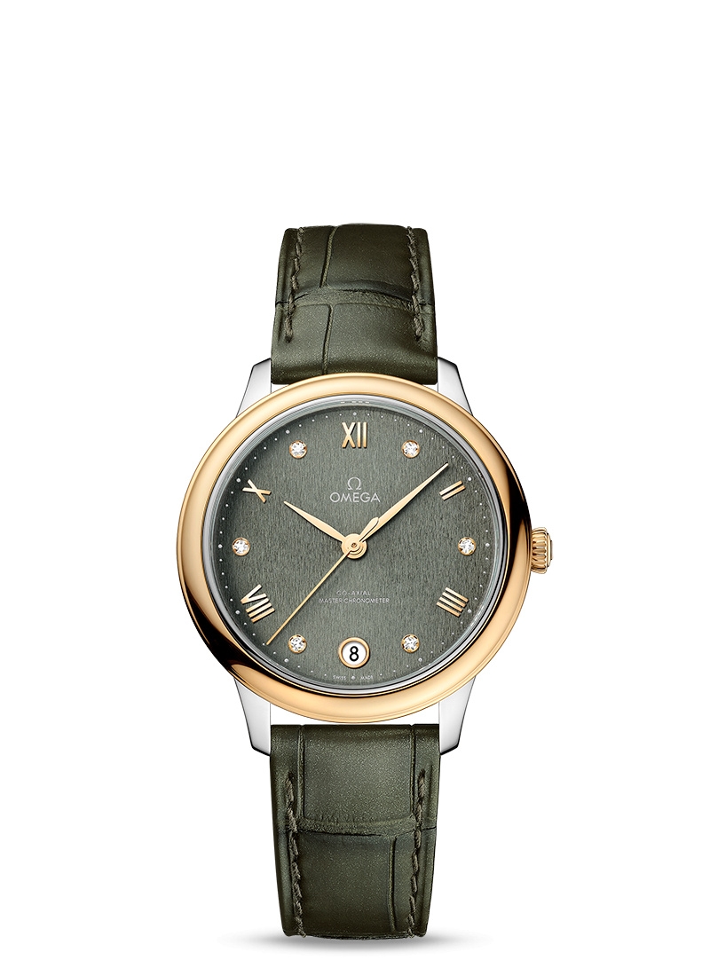 Omega 434.23.34.20.60.001 : De Ville Master Chronometer 34 Stainless Steel - Yellow Gold / Green - Diamond