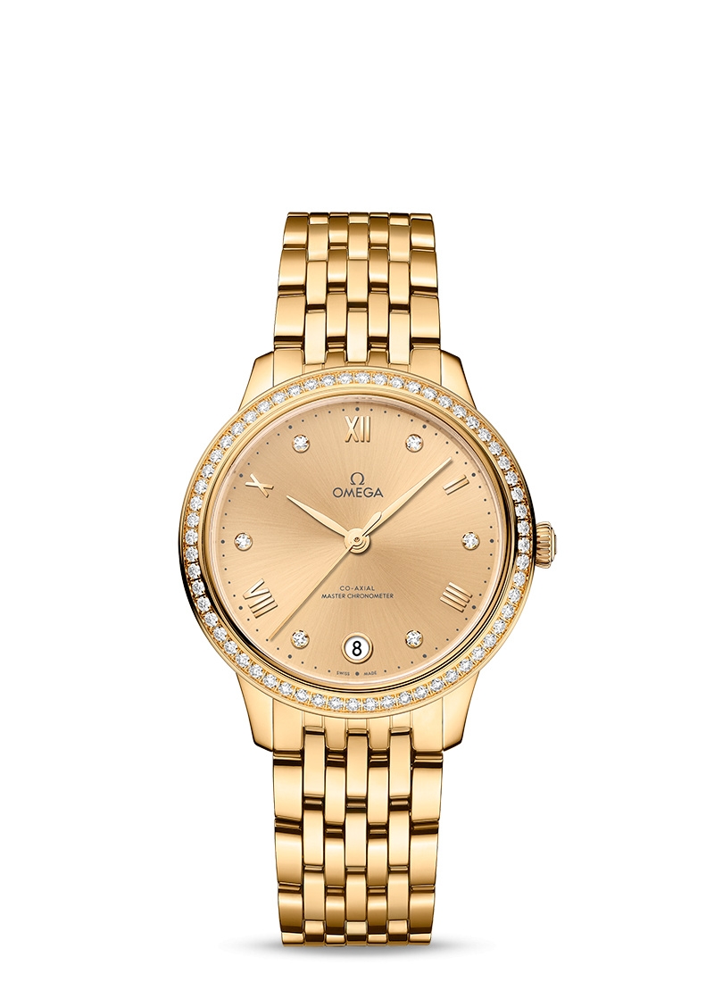 Omega 434.55.34.20.58.001 : De Ville Master Chronometer 34 Yellow Gold - Diamond / Champagne - Diamond / Bracelet