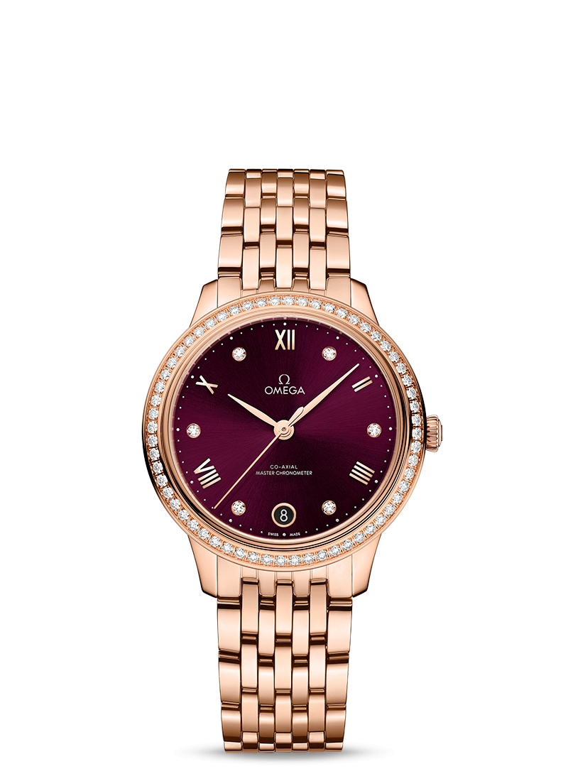 Omega 434.55.34.20.61.001 : De Ville Master Chronometer 34 Sedna Gold - Diamond / Burgundy - Diamond / Bracelet