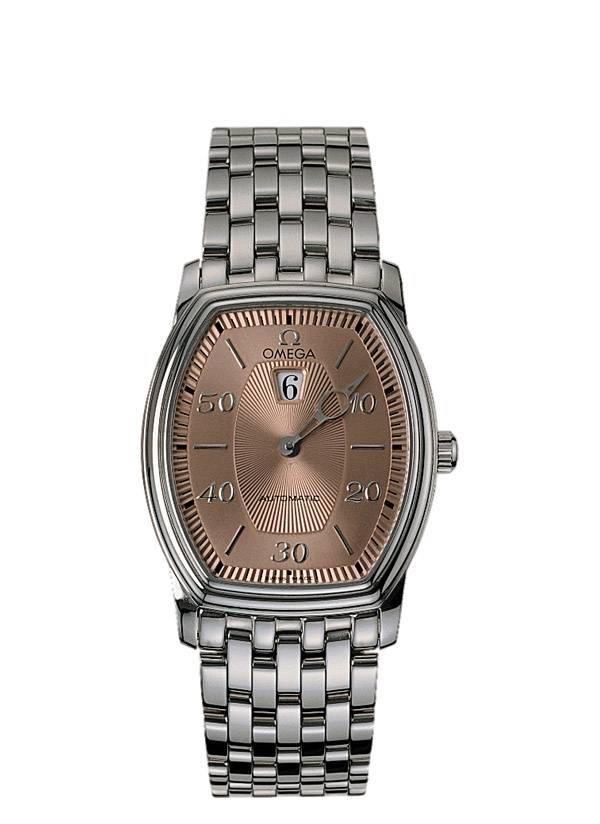 Omega 4553.61.00 : De Ville Tonneau Automatic Jump Hour Stainless Steel / Salmon / Bracelet