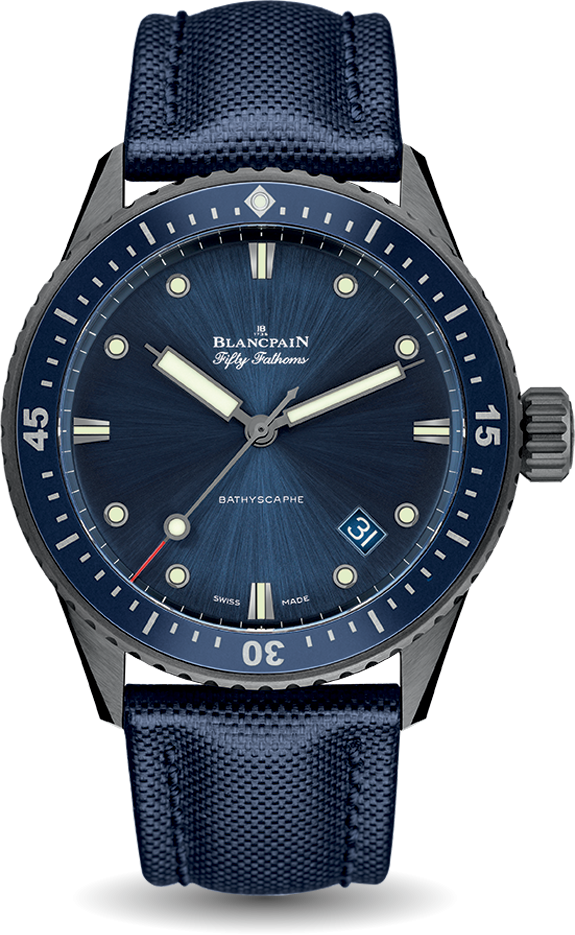 Blancpain 5000-0240-O52A : Fifty Fathoms Bathyscaphe Ceramic / Blue / Canvas
