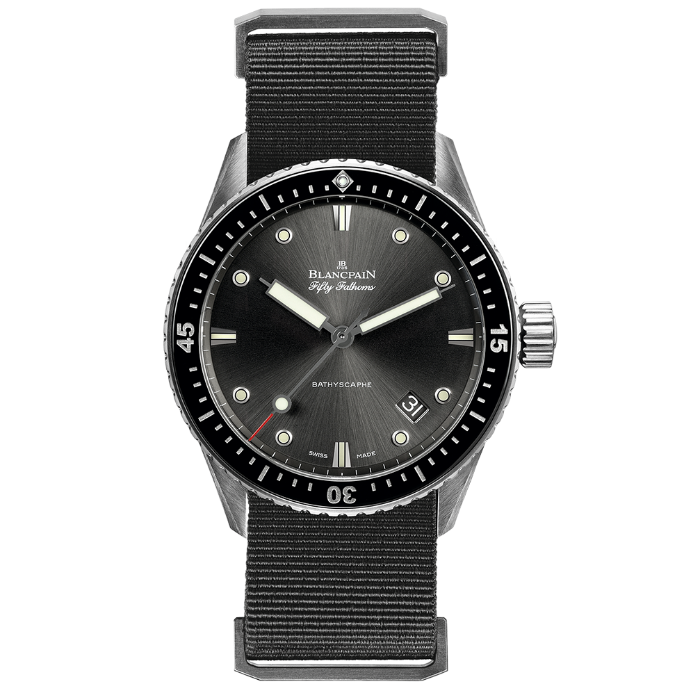 Blancpain 5000-1110-NABA : Fifty Fathoms Bathyscaphe Stainless Steel / Grey / Grey Nato