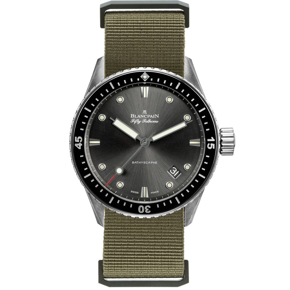 Blancpain 5000-1110-NAKA : Fifty Fathoms Bathyscaphe Stainless Steel / Grey / Sand Nato