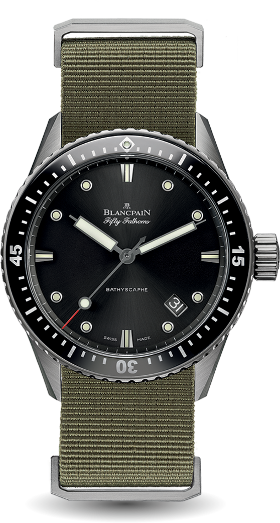 Blancpain 5000-1230-NAKA : Fifty Fathoms Bathyscaphe Titanium / Black / Sand Nato