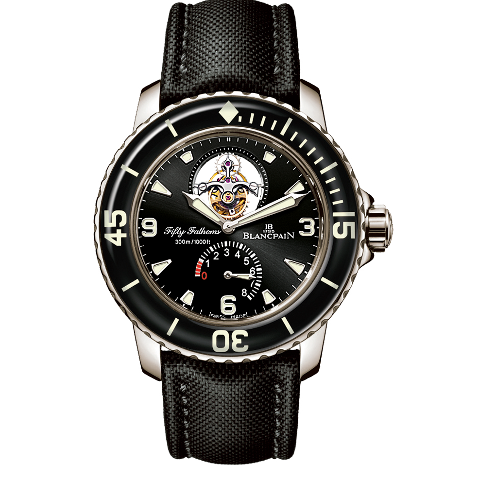 Blancpain 5025-1530-52A : Fifty Fathoms Tourbillon 8 Jours White Gold / Black / Black Canvas